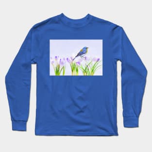 Parula Warbler Perched on Crocus Flowers Long Sleeve T-Shirt